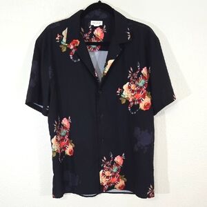 PacSun Black Short Sleeve Button Up Floral Coral Snake Print Lightweight Soft, M